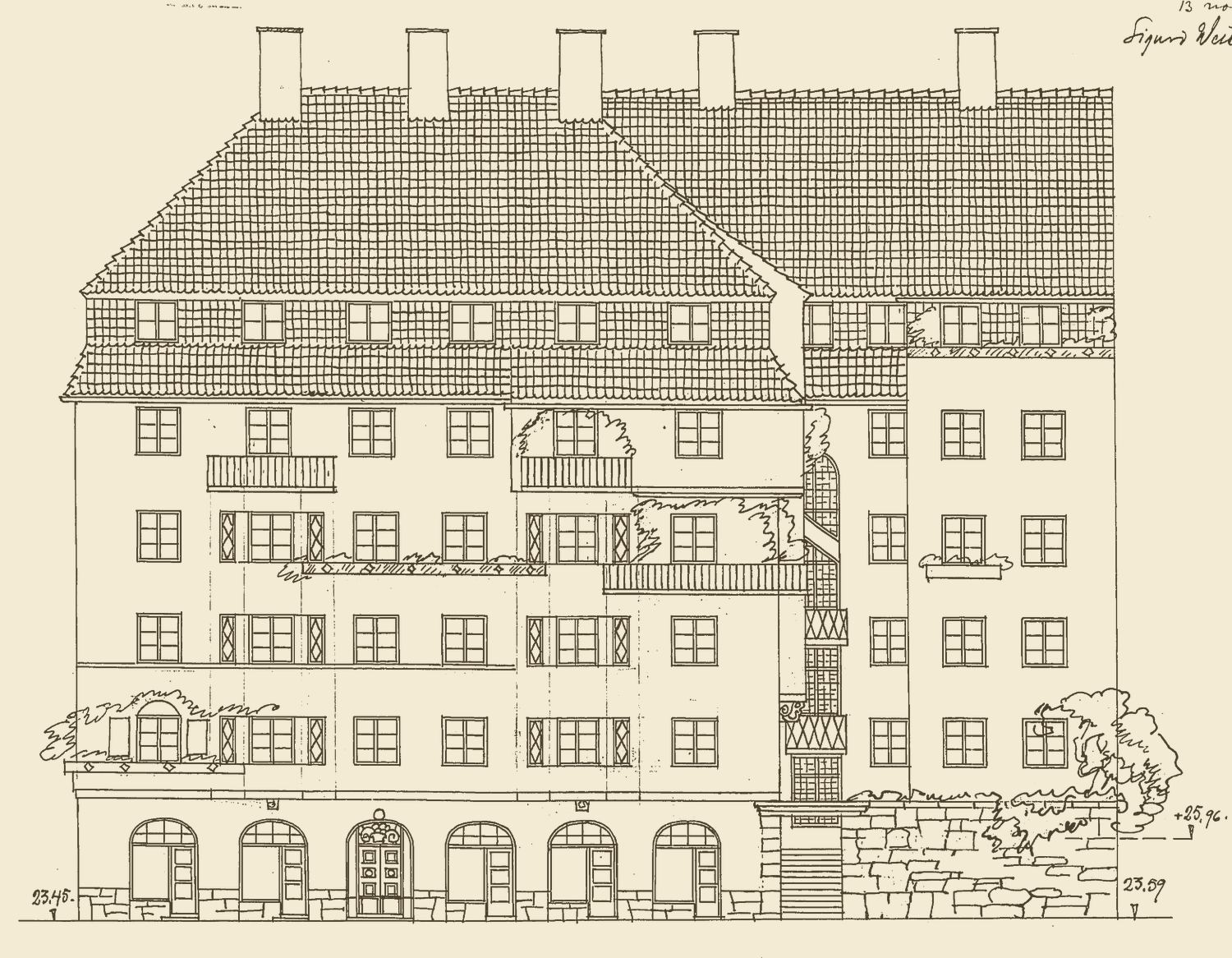 Arkitektritning från 1912: husets fasad mot Heleneborgsgatan